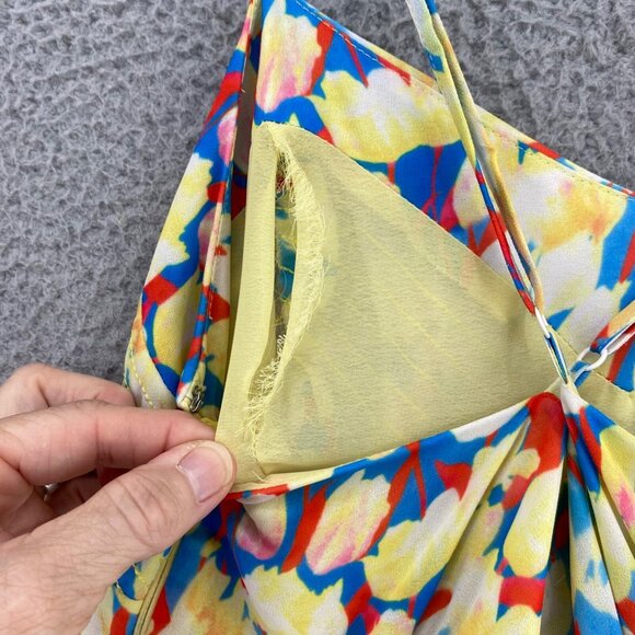 Badgley Mischka Dress Womens 8 Yellow Blue Multi Floral Ombre Maxi Flowy Ruched* - Picture 5 of 12